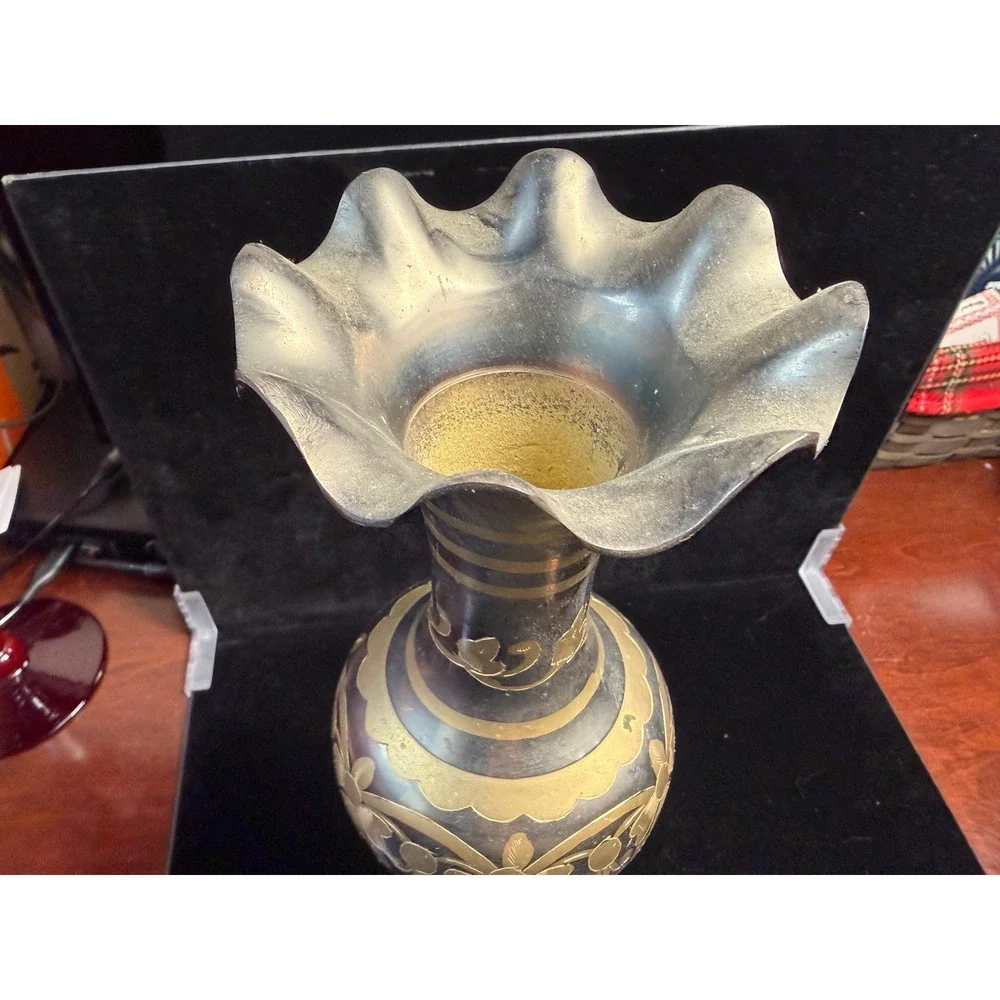Vintage Etched‎ Solid Brass Vase Made in India Ruffled Rim Floral Design 10 Inch